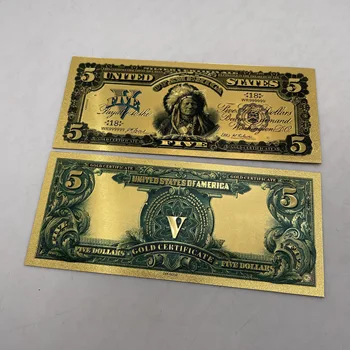 1899 год, деньги в долларах США, банкнота из золота 24 карат, пять разноцветных банкнот в долларах США, фальшивые деньги с покрытием, коллекционные банкноты по 5 долларов