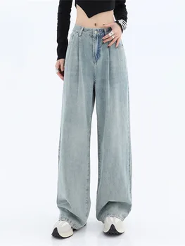 2022 Осень Y2k Мешковатые джинсы с высокой талией Женские Повседневные свободные брюки Mom Jean Модные Удобные Светло-голубые широкие простые брюки для стирки