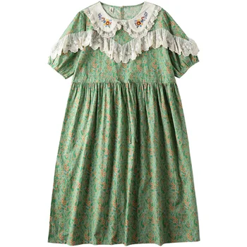 2023 Mori Girl Летнее Новое платье с цветочным принтом, лацканами, вышивкой, кружевной отделкой на талии, Женское