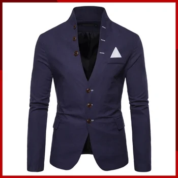 2023, Весенний Новый мужской модный блейзер с декоративными пуговицами, приталенный воротник-стойка, однотонный пиджак, пальто