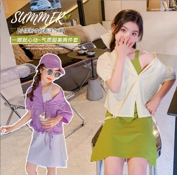 2023 Комплект из 2 предметов для девочек в корейском стиле, рубашка + платье, хлопок хорошего качества, летний модный костюм для девочек от 4 до 15 лет E612