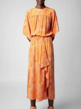 2023 Летнее Женское платье Миди из 100% шелка с эластичным поясом и рукавами 
