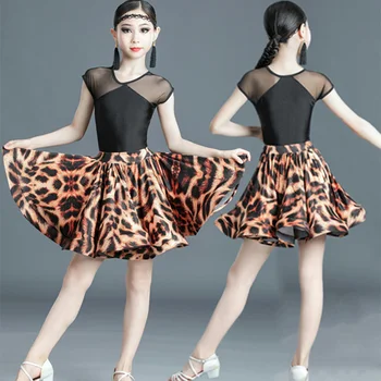 2шт Платье для латиноамериканских танцев для девочек, детский танцевальный костюм, бальное платье Samba с леопардовым принтом, детская Стандартная танцевальная юбка Samba Tango, топ