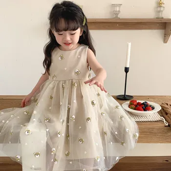5253C Корейское платье для девочек 2023 Летнее новое модное платье принцессы с пышной вуалью без рукавов, вечернее платье для девочек