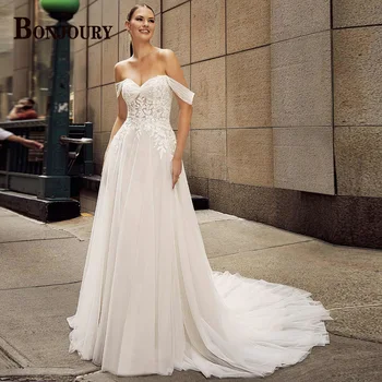 BONJOURY Модные свадебные платья для женщин Милая 2023, аппликации для невесты, пуговицы, рукав-кепка на заказ, Vestido De Novia