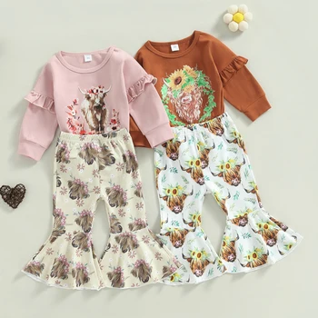FOCUSNORM/ Милые комплекты одежды для маленьких девочек от 0 до 4 лет, толстовка с длинными рукавами и оборками с цветочным принтом в виде головы быка, топы + расклешенные брюки