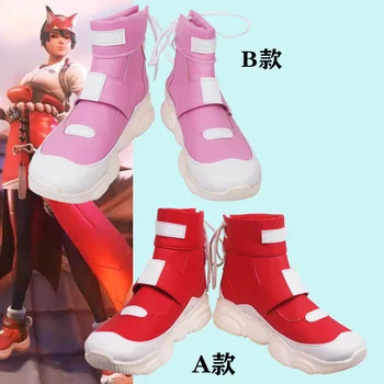 Game OW 2 Косплей Красно Розовые туфли Ботинки Kiriko из искусственной кожи Аксессуары для вечеринок и шоу Ботинок Реквизит для Хэллоуина Аксессуары