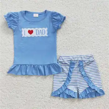 GSSO0187 летняя новинка для девочек с вышивкой Love DAD, синие шорты с коротким рукавом, модный милый комплект, оптовая цена