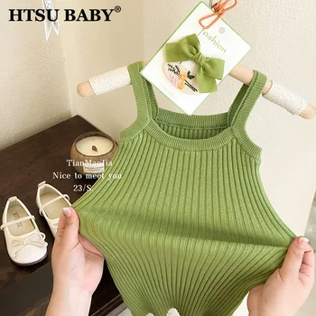 HTSU/ ДЕТСКАЯ летняя одежда для девочек, платье 2023, детские зеленые вязаные платья на подтяжках, детская юбка принцессы без рукавов в полоску