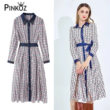Pinkoz элегантные винтажные платья с геометрическим рисунком, отложной воротник, длинный рукав, лоскутные однобортные платья на шнуровке
