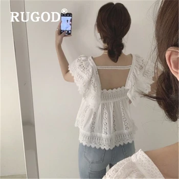 RUGOD Корейская белая открытая блузка, женские винтажные короткие женские рубашки с рукавом-бабочкой, топы и блузки для летних пляжных вечеринок 2019 г.