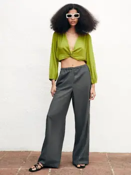 SLMD 2023 НОВЫЙ летний женский зеленый свободный винтажный сексуальный топ с V-образным вырезом, милая сексуальная уличная одежда