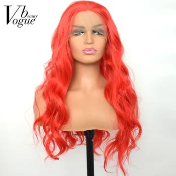 Voguebeauty Красный синтетический парик на кружеве спереди, Свободный вьющийся, без термостойких волокон, с пробором, с естественной линией роста волос для женщин