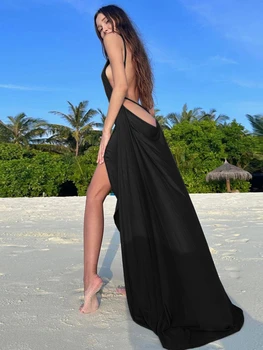 WeiYao, сексуальное длинное платье-комбинация с открытой спиной, элегантная пляжная одежда в летнем праздничном стиле, без рукавов, с драпировкой, с V-образным вырезом, макси-платья-слипы