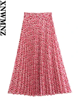 XNWMNZ Женская мода, Новая плиссированная юбка с принтом, женская винтажная юбка с высокой талией, Универсальная женская шикарная юбка