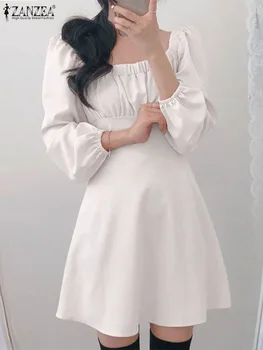 ZANZEA Корейский модный халат с пышными рукавами, Женские Мини-платья с квадратным вырезом, сексуальное Приталенное платье трапециевидной формы с талией, Элегантные Вечерние Короткие платья