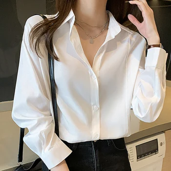 Белая Блузка с длинным рукавом, Блузка Женская Blusas Mujer De Moda 2023, Офисная Шифоновая Блузка С Отложным воротником, Женская Рубашка, Топы E451