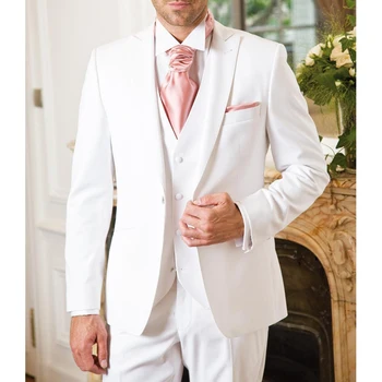 Белый официальный смокинг жениха для свадьбы с остроконечным отворотом, мужские костюмы для выпускного вечера из 3 предметов с брюками, жилетом, мужской модной курткой последнего стиля