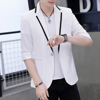 Блейзеры, мужская летняя одежда, Модный Тонкий пиджак с рукавом три четверти, Корейский повседневный костюм Homme, однотонное приталенное пальто