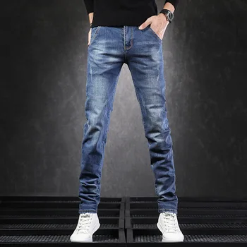 Брендовые винтажные джинсы для мужчин, приталенный крой, легкая растяжка, выцветающий дизайн, джинсовые брюки, повседневная мужская одежда длинной длины