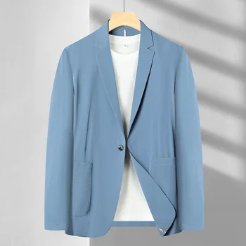 Весенне-летний мужской деловой повседневный Роскошный блейзер, уникальный Корейский свободный жакет из ткани спандекс, темно-синее Новое тонкое пальто