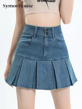 Весенне-летняя Осенняя джинсовая юбка, женская винтажная джинсовая плиссированная юбка с высокой талией, сексуальная модная короткая юбка трапециевидной формы для девочек
