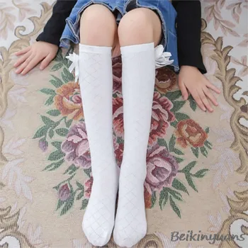 Весенне-осенние хлопчатобумажные носки в сеточку с бантиком для девочек, прямые хлопчатобумажные носки для девочек до колен, модные носки для девочек