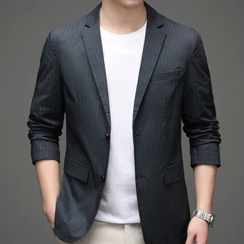 Весенне-осенний тонкий костюм мужской 2023, новая мода, вертикальные полосы, костюм в корейском стиле, деловая повседневная куртка