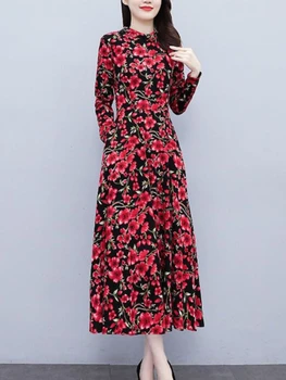 Весна Осень Новые Корейские Модные Платья с цветочным рисунком и длинным рукавом Темпераментное Тонкое платье средней длины Женская одежда оверсайз Красное платье