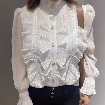 Винтажная блузка с оборками, Женская блузка с длинным рукавом, Весна-осень, Шифоновые топы в Корейском стиле со стоячим вырезом, Элегантные Белые рубашки