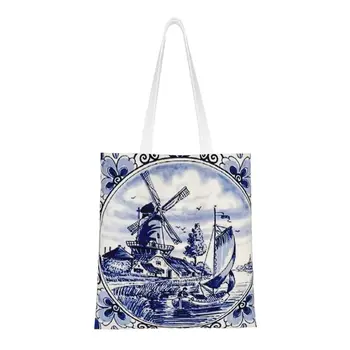Винтажный плакат с ветряной мельницей в голландском синем цвете, сумки для покупок в продуктовом магазине Delft, женская холщовая сумка для покупок, сумки большой вместимости
