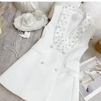 Высококачественный Белый двубортный блейзер на бретелях, обтянутый бисером, без рукавов, приталенное платье-майка, Женские Летние приталенные мини-платья 2023