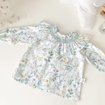 Детская блузка, хлопковые рубашки с длинными рукавами в цветочек для маленьких девочек, детская одежда от 0 до 4 лет