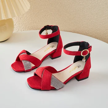 Детские Мэри Джейнс для вечеринок и свадебных показов 2023 года, новые Шикарные босоножки для девочек на низком каблуке со стразами, Классическая красная детская обувь из искусственной кожи