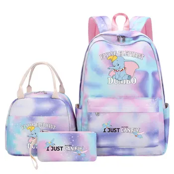 Детские сумки для ланча Disney Dumbo Girl, сумка для книг Rainbow Galaxy, 3шт, школьные сумки для подростков, рюкзак для ноутбука