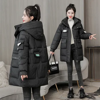 Длинное пальто с хлопковой подкладкой с капюшоном Женская свободная теплая утепленная парка пушистое пальто-20 Женская однотонная верхняя одежда