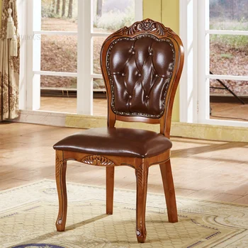 Европейские обеденные стулья из массива дерева для столовой Американское кожаное кресло в стиле ретро Креативный обеденный стул Бытовой стул со спинкой