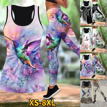 Женская мода, Арт, Комбинированные Леггинсы с 3D Принтом, Рубашка с дырками на груди, Без Рукавов, Открытая Майка и Леггинсный костюм с Высокой талией XS-8XL