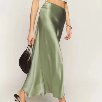 Женская элегантная универсальная однотонная юбка или юбка с принтом, простая повседневная юбка из 100% шелка