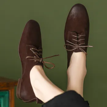 Женские туфли-оксфорды на плоской подошве из натуральной замши на шнуровке с круглым носком для отдыха, мягкие удобные повседневные женские эспадрильи, повседневная обувь, горячая