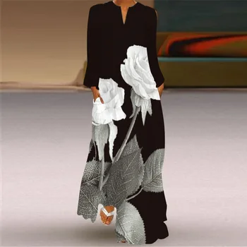 Женское осенне-зимнее длинное платье с 3D принтом и цветочным рисунком, женские черные элегантные платья с длинным рукавом и V-образным вырезом, повседневное винтажное платье с розами