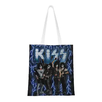 Изготовленные на заказ хэви-метал Рок-группы Kiss Холщовые сумки для покупок, женские моющиеся сумки для покупок в продуктовых магазинах