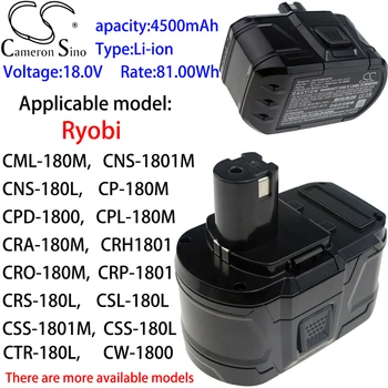 Итиумовый аккумулятор Cameron Sino 4500 мАч 18,0 В для Ryobi LCS-180, LDD-1802, LDD-1802PB, LDD1801PB, LDD1802PB, LFP-1802S, LRS-180, OBL-1801