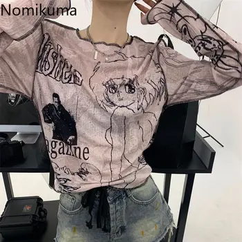 Камзолы Nomikuma Весна Лето с мультяшным принтом Slim Thin Y2k Эстетическая Женская одежда Винтажные футболки Harajuku Street с длинным рукавом