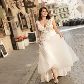 Классическое женское свадебное платье большого размера с V-образным вырезом и короткими рукавами, платье невесты на молнии, тюль с кружевной аппликацией, Vestido De Novia
