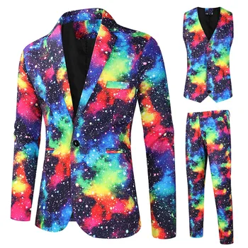 Комплект мужских костюмов с цифровой печатью Rainbow Nebula, комплект из 3 предметов, блейзер, куртка + жилет + брюки, модные повседневные платья для выпускного вечера в клубе, для дома