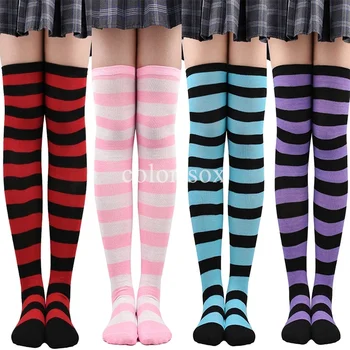 Компрессионные носки, длинные носки в цветную полоску, женские чулки выше колена, теплые гольфы для девочек в стиле Лолиты