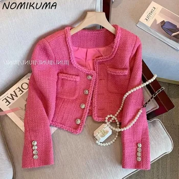 Короткое пальто Nomikuma Розово-красного цвета, Женская осенне-зимняя новинка 2023 года, Элегантный жакет-кардиган в Корейском стиле, Модная верхняя одежда с квадратным воротником, топ