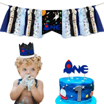 Космический космос Тема Ракеты Астронавта Украшения для 1-го Дня Рождения ребенка Стульчик для кормления Баннер Флаг для торта