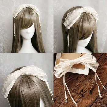 Кружевная повязка на голову в стиле Лолиты, аксессуары для волос с бантом, белый кружевной головной убор ручной работы, шпильки, колокольчики, повязка на голову в стиле Лолиты